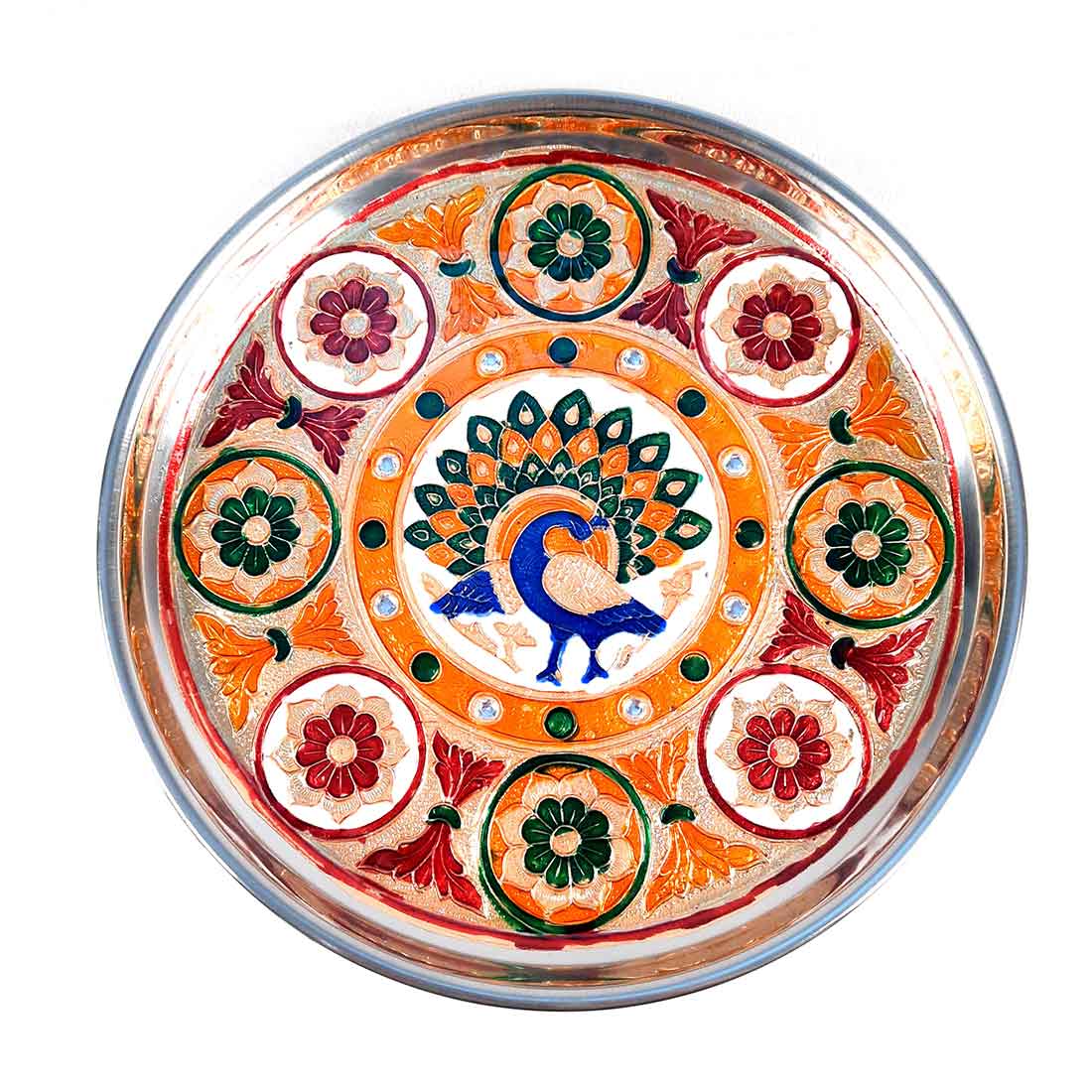 Pooja Chowki & Puja Thali Set - Peacock Design - For Pooja, Weddings & Festivals - Pack of 2