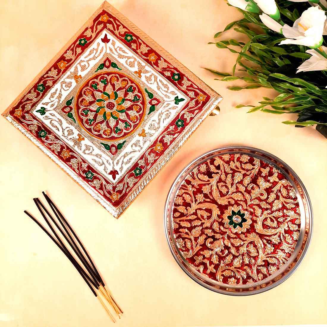 Pooja Chowki & Pooja Thali Set -Prayer Accessories - For Pooja, Weddings & Festivals - Pack of 2