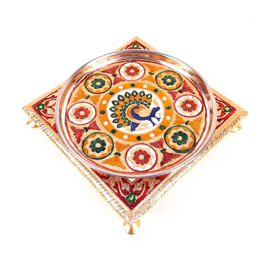 Pooja Chowki & Puja Thali Set - Peacock Design - For Pooja, Weddings & Festivals - Pack of 2