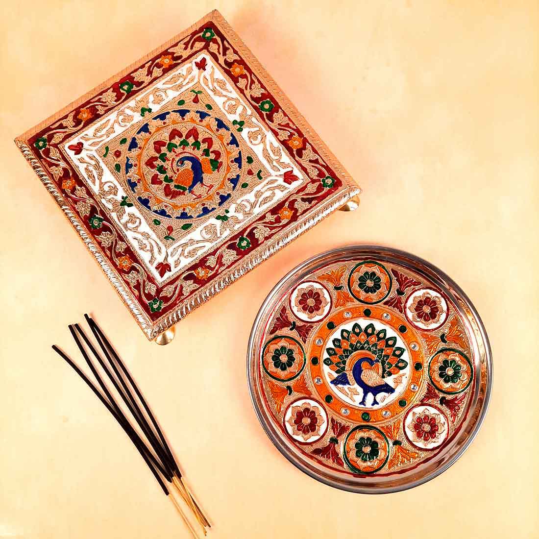 Pooja Chowki & Puja Thali Set - Peacock Design - For Pooja, Weddings & Festivals - Pack of 2