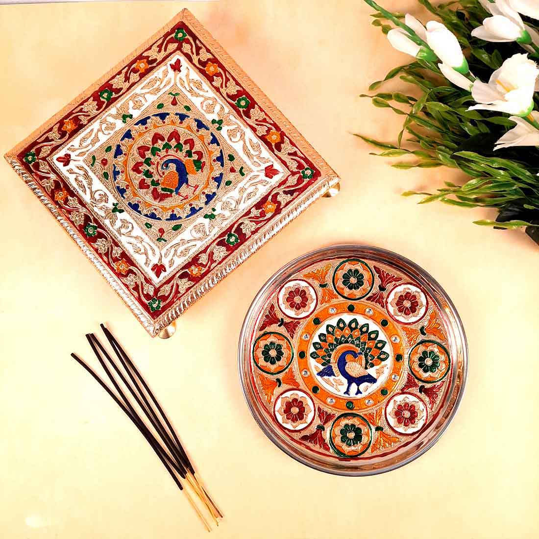Pooja Chowki & Puja Thali Set - Peacock Design - For Pooja, Weddings & Festivals - Pack of 2