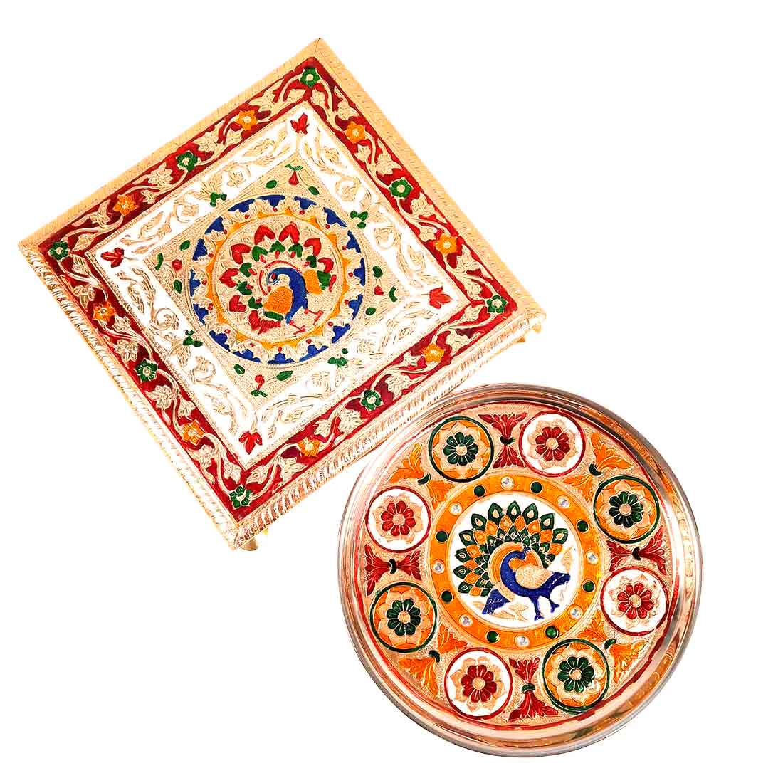Pooja Chowki & Puja Thali Set - Peacock Design - For Pooja, Weddings & Festivals - Pack of 2