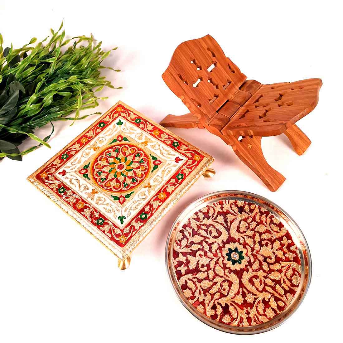 Pooja Chowki, Pooja Thali & Holy Book Holder Set -Prayer Accessories - For Rakhi, Diwali & Karwa Chauth - Pack of 3