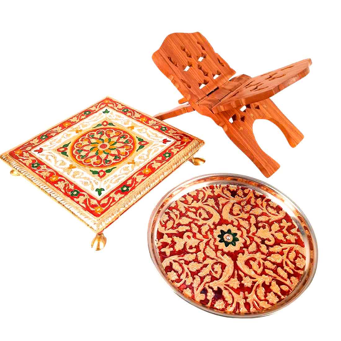 Pooja Chowki, Pooja Thali & Holy Book Holder Set -Prayer Accessories - For Rakhi, Diwali & Karwa Chauth - Pack of 3