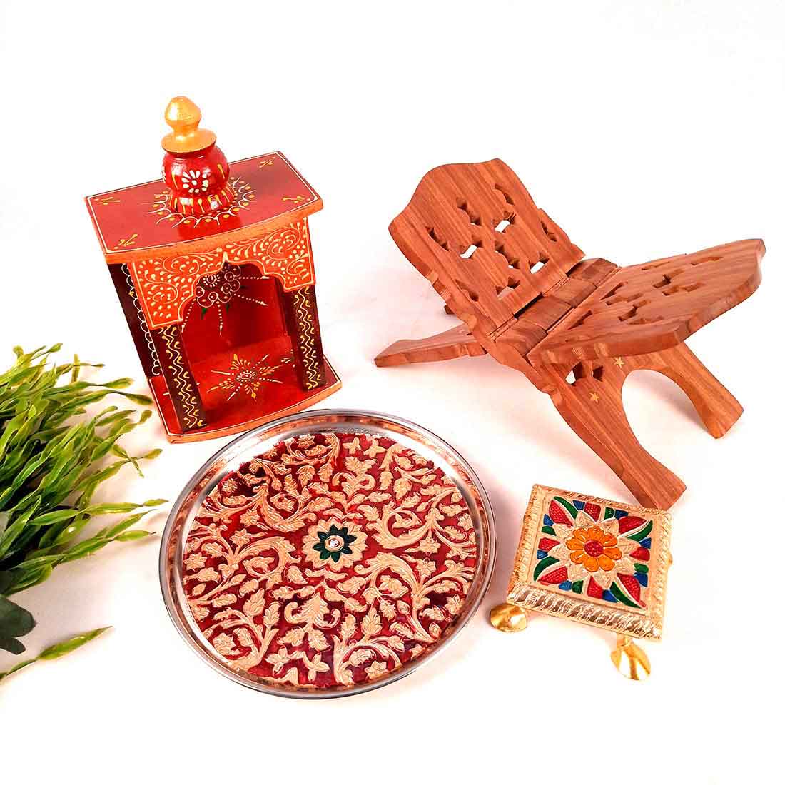 Pooja Temple, Pooja Chowki, Pooja Thali & Book Holder Set - For Pooja, Weddings & Festivals - Pack of 4