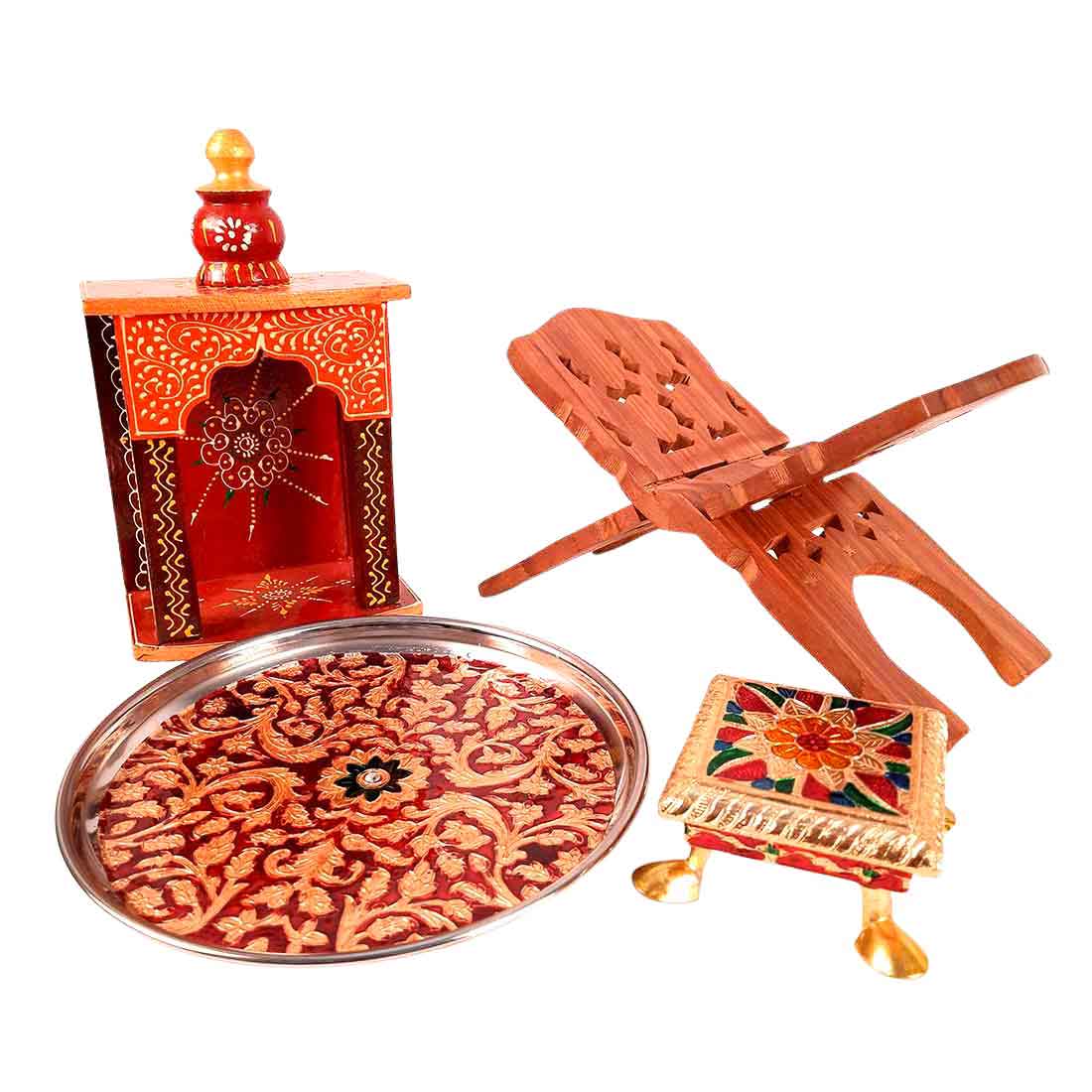 Pooja Temple, Pooja Chowki, Pooja Thali & Book Holder Set - For Pooja, Weddings & Festivals - Pack of 4