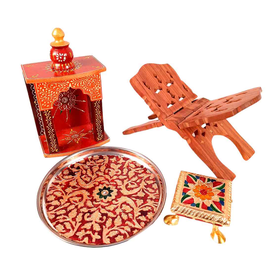 Pooja Temple, Pooja Chowki, Pooja Thali & Book Holder Set - For Pooja, Weddings & Festivals - Pack of 4