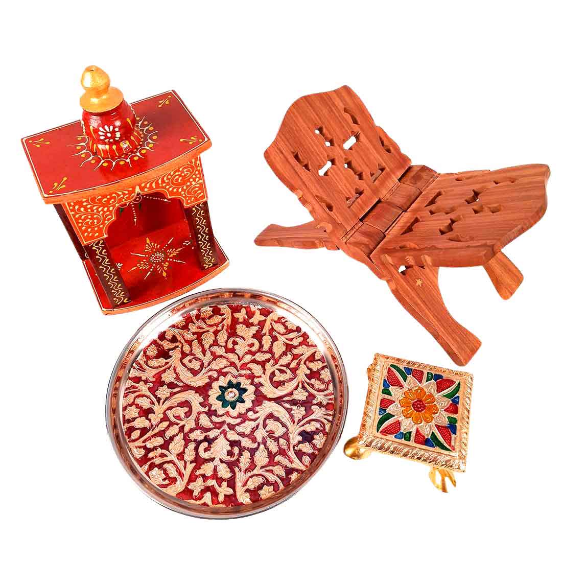 Pooja Temple, Pooja Chowki, Pooja Thali & Book Holder Set - For Pooja, Weddings & Festivals - Pack of 4