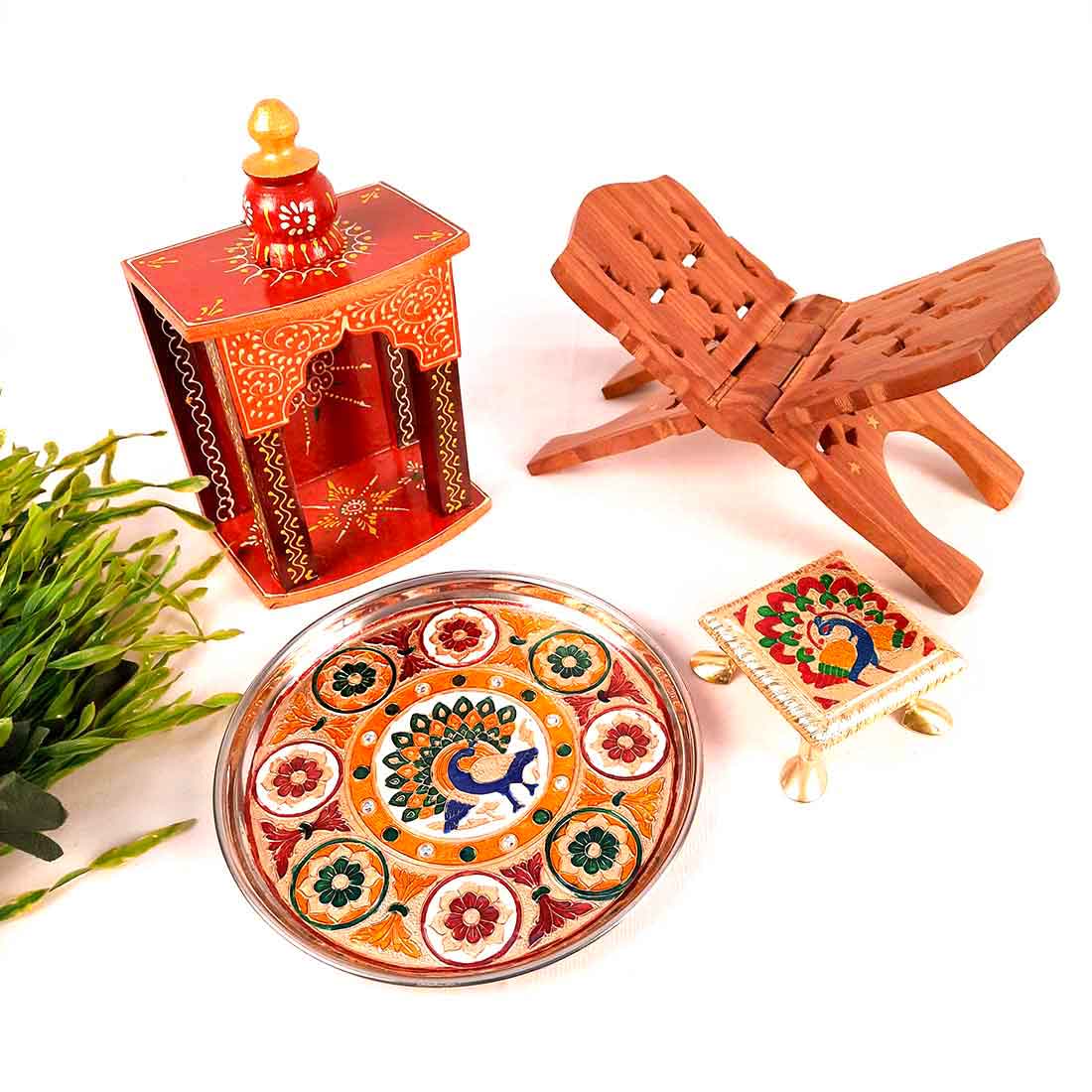 Pooja Temple, Puja Chowki, Pooja Plate & Book Holder Set - For Pooja, Weddings & Festivals -Pack of 4
