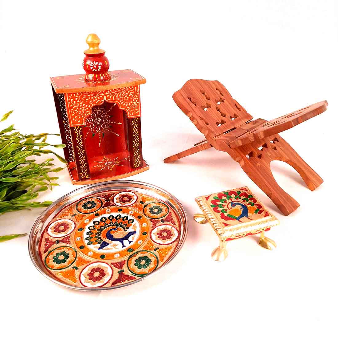 Pooja Temple, Puja Chowki, Pooja Plate & Book Holder Set - For Pooja, Weddings & Festivals -Pack of 4