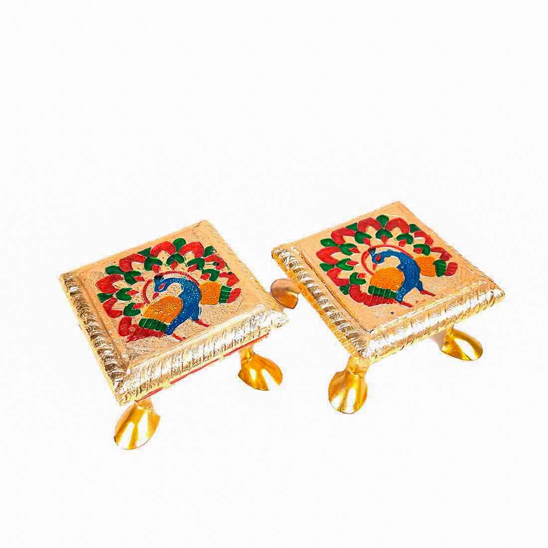 Pooja Chowki - Peacock Design - For Pooja & Return Gifts - 4 Inch - ApkaMart #Style_Pack of 2