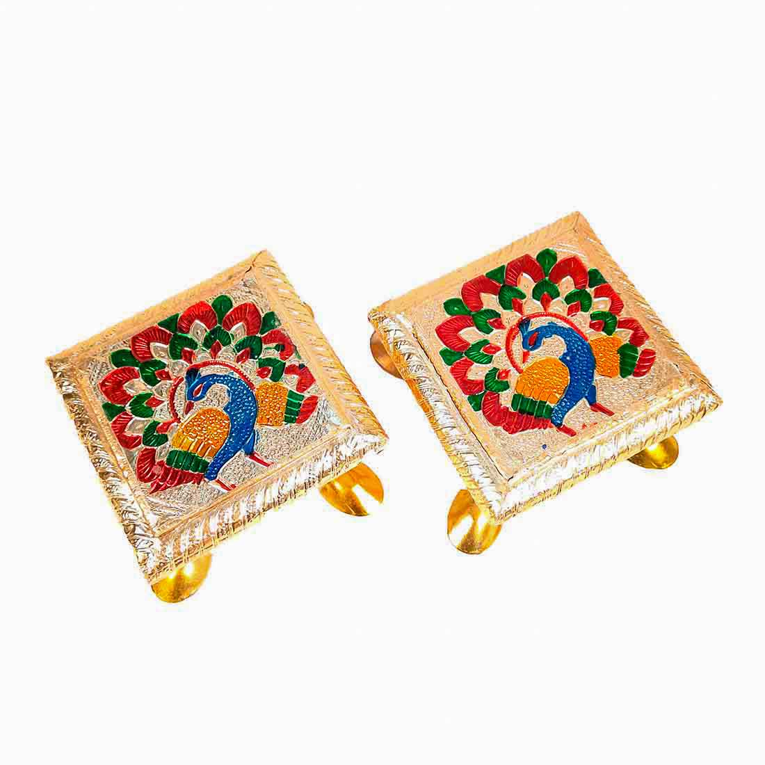 Pooja Chowki - Peacock Design - For Pooja & Return Gifts - 4 Inch - ApkaMart #Style_Pack of 2