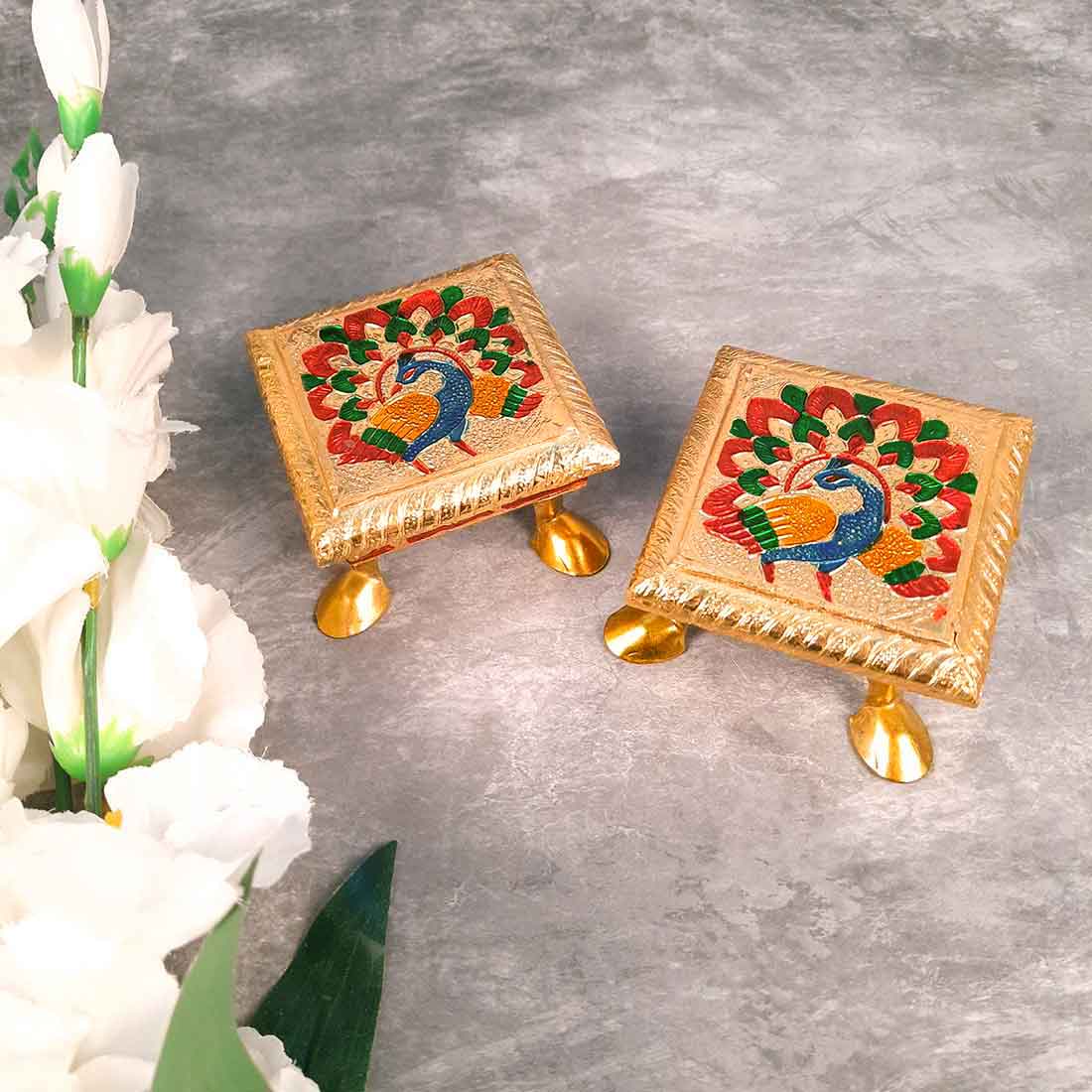 Pooja Chowki - Peacock Design - For Pooja & Return Gifts - 4 Inch - ApkaMart #Style_Pack of 2