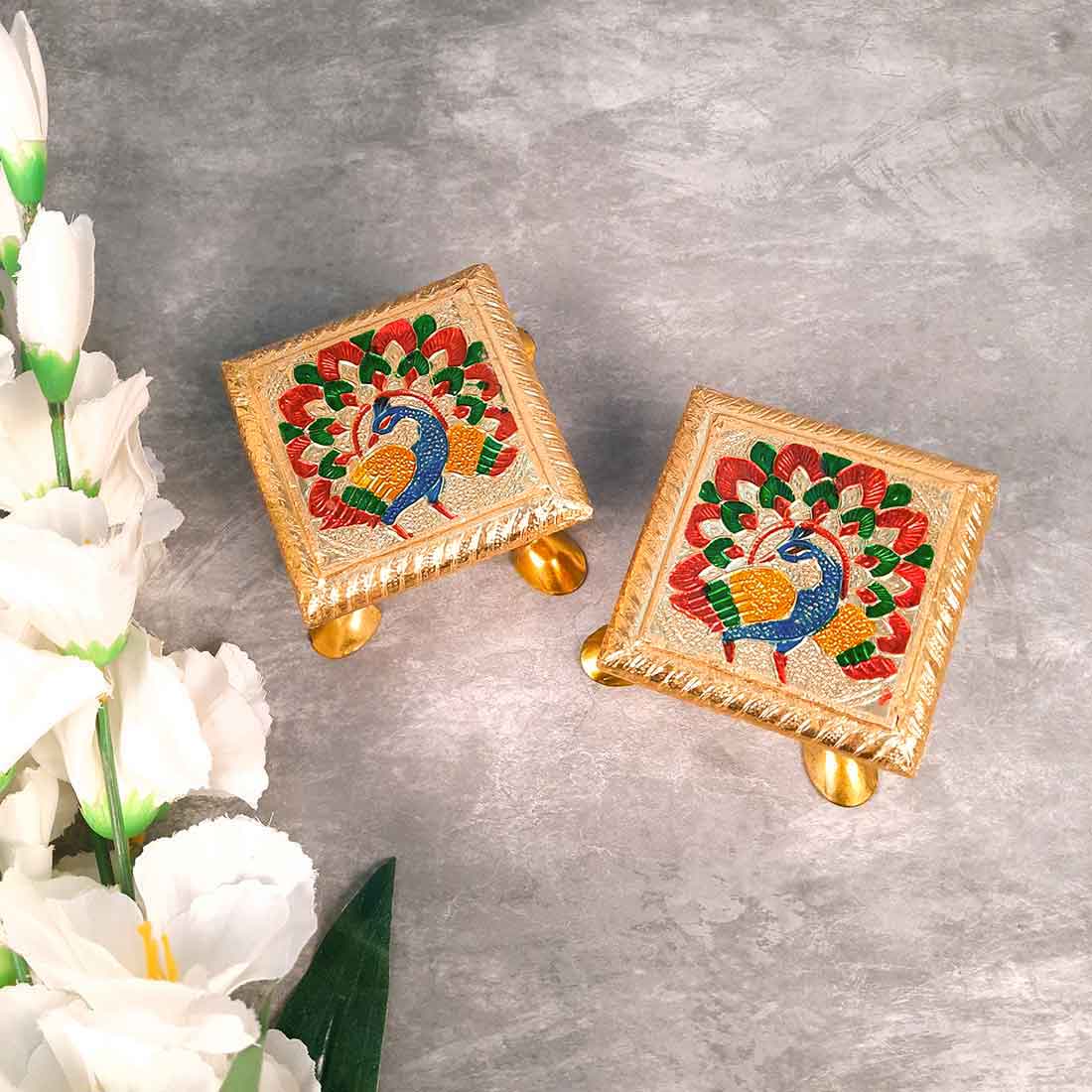 Pooja Chowki - Peacock Design - For Pooja & Return Gifts - 4 Inch - ApkaMart #Style_Pack of 2
