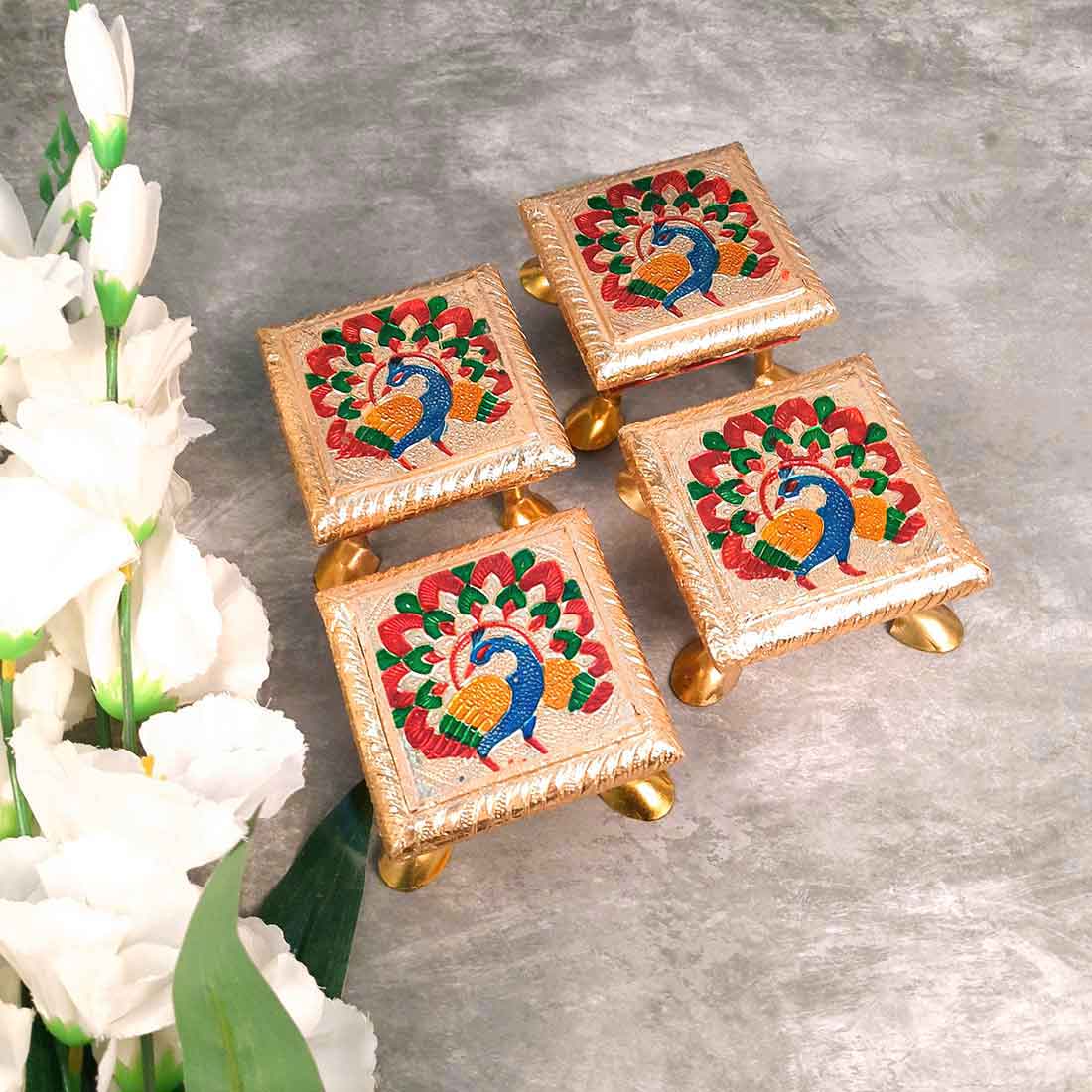 Pooja Chowki - Peacock Design - For Pooja & Return Gifts - 4 Inch - ApkaMart #Style_Pack of 4