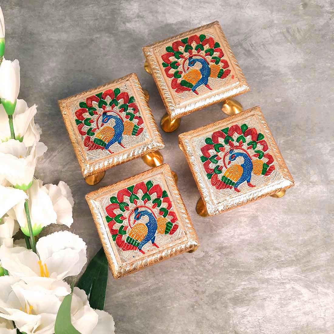 Pooja Chowki - Peacock Design - For Pooja & Return Gifts - 4 Inch - ApkaMart #Style_Pack of 4