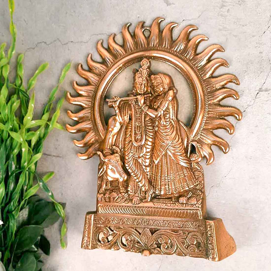 Radha Krishna Wall Hanging Idol | Shri Radha Krishna Playing Flute With Cow Wall Hanging Art Statue Murti | Religious & Spiritual Sculpture - for Gift, Home, Living Room, Office, Puja Room Decoration - 11 Inch