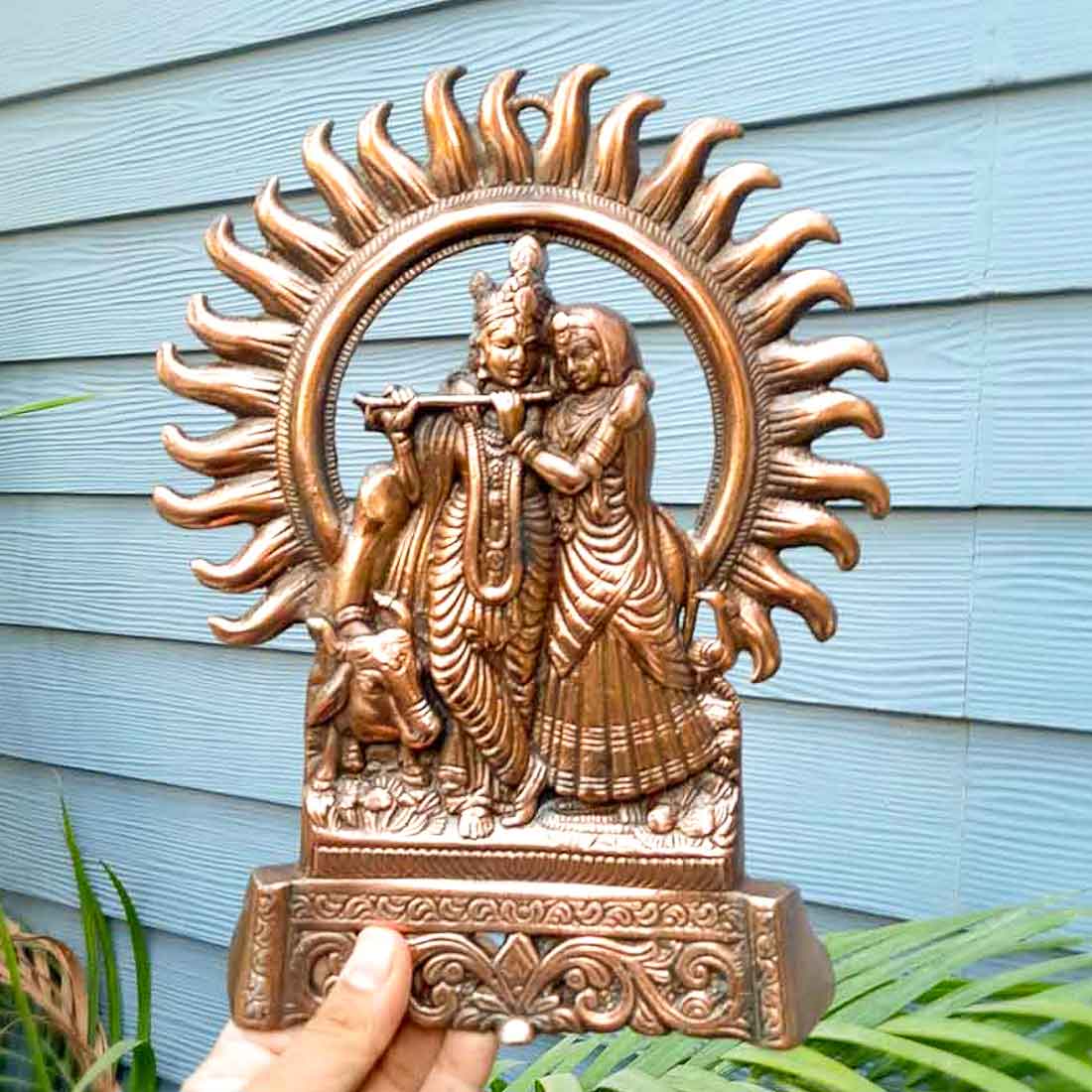 Radha Krishna Wall Hanging Idol | Shri Radha Krishna Playing Flute With Cow Wall Hanging Art Statue Murti | Religious & Spiritual Sculpture - for Gift, Home, Living Room, Office, Puja Room Decoration - 11 Inch