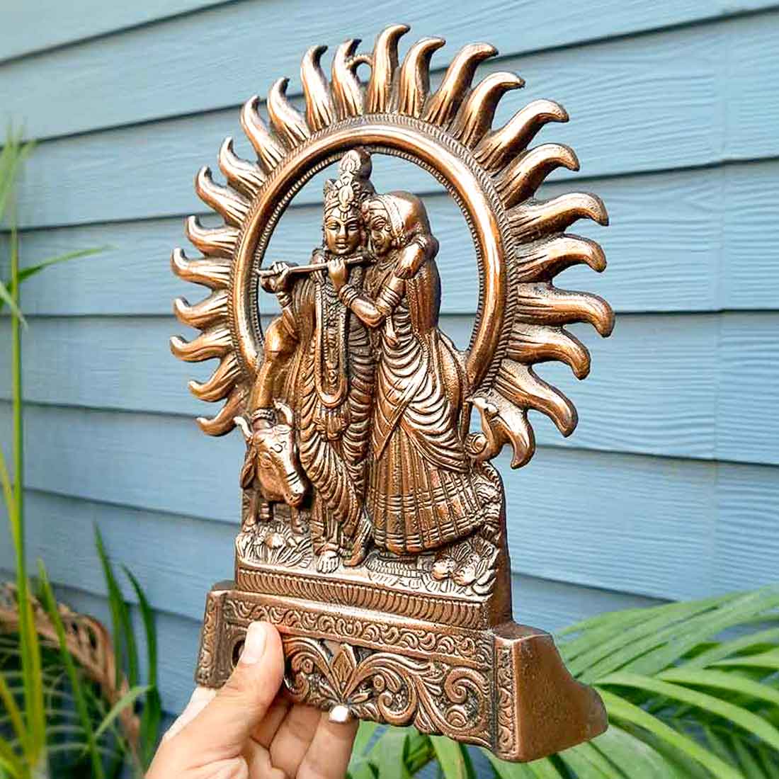 Radha Krishna Wall Hanging Idol | Shri Radha Krishna Playing Flute With Cow Wall Hanging Art Statue Murti | Religious & Spiritual Sculpture - for Gift, Home, Living Room, Office, Puja Room Decoration - 11 Inch