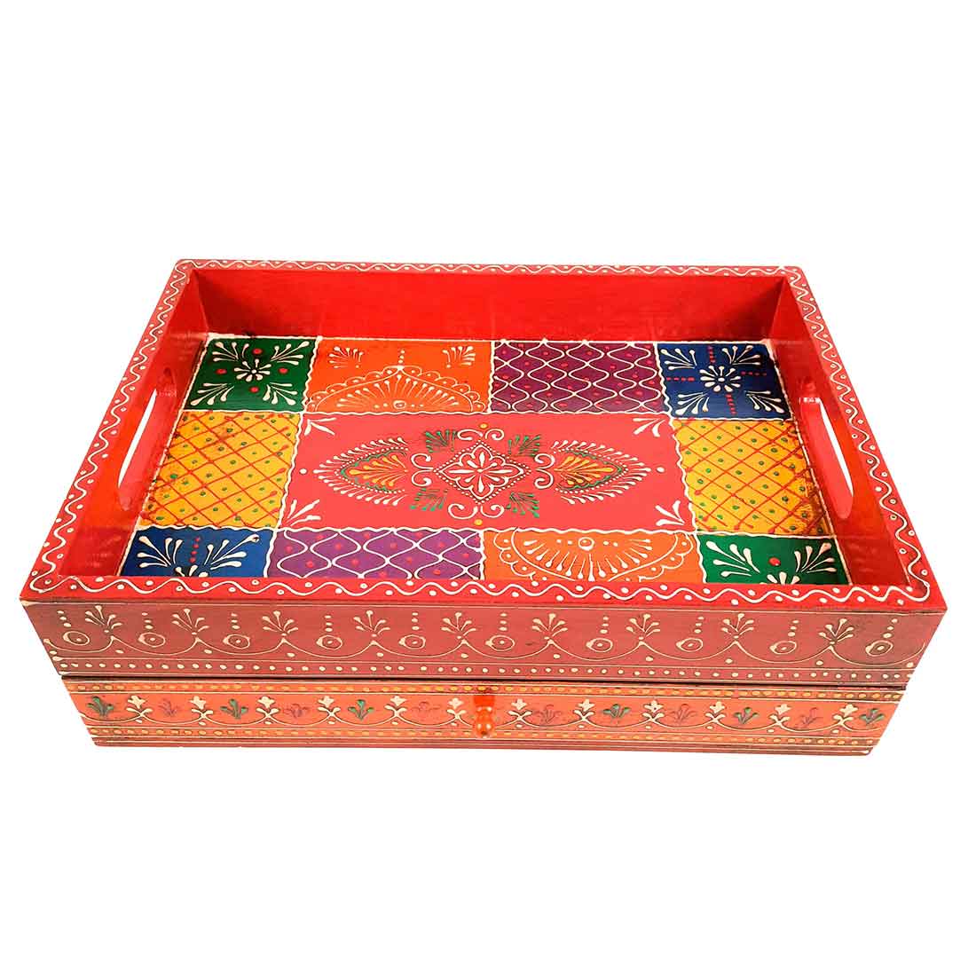 Serving Tray Wooden | Tray With Drawer Storage | Tray Cum Organizer for Keeping Tea/ Sugar/ Coffee Sachet & Cutlery - for Home, Dining Table, Kitchen Decor, Restaurant, Office, Cafe - 14 Inch