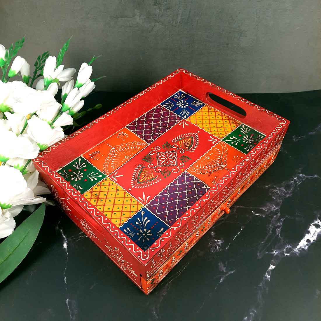 Serving Tray Wooden | Tray With Drawer Storage | Tray Cum Organizer for Keeping Tea/ Sugar/ Coffee Sachet & Cutlery - for Home, Dining Table, Kitchen Decor, Restaurant, Office, Cafe  - 14 Inch