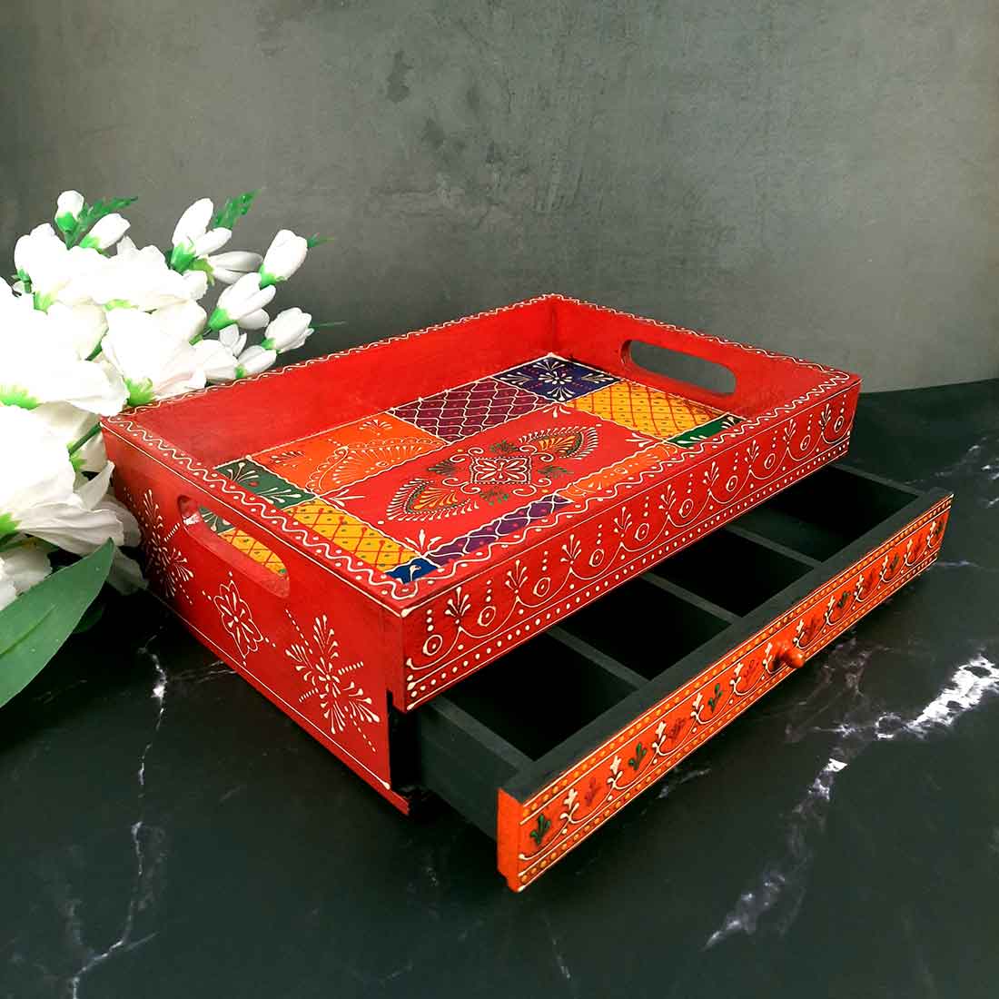 Serving Tray Wooden | Tray With Drawer Storage | Tray Cum Organizer for Keeping Tea/ Sugar/ Coffee Sachet & Cutlery - for Home, Dining Table, Kitchen Decor, Restaurant, Office, Cafe  - 14 Inch