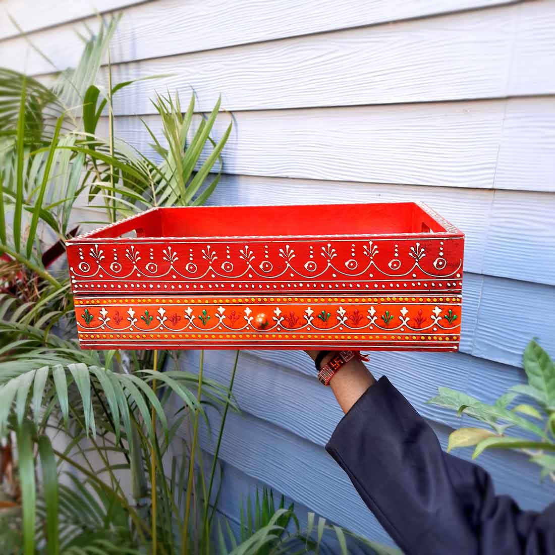 Serving Tray Wooden | Tray With Drawer Storage | Tray Cum Organizer for Keeping Tea/ Sugar/ Coffee Sachet & Cutlery - for Home, Dining Table, Kitchen Decor, Restaurant, Office, Cafe  - 14 Inch