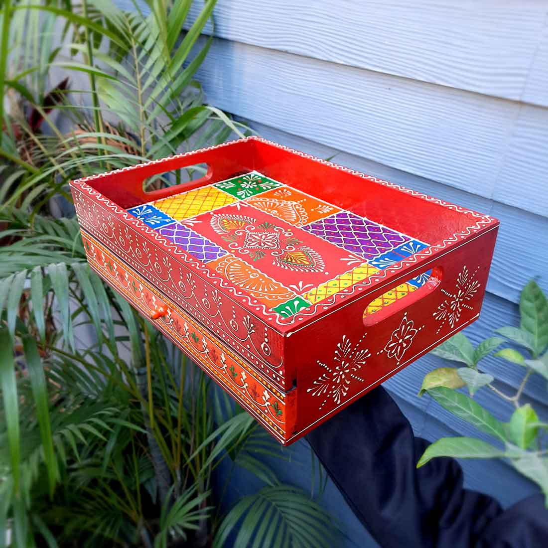 Serving Tray Wooden | Tray With Drawer Storage | Tray Cum Organizer for Keeping Tea/ Sugar/ Coffee Sachet & Cutlery - for Home, Dining Table, Kitchen Decor, Restaurant, Office, Cafe  - 14 Inch