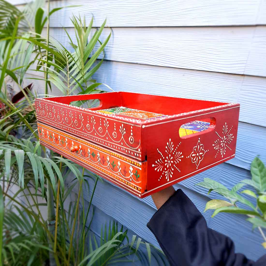 Serving Tray Wooden | Tray With Drawer Storage | Tray Cum Organizer for Keeping Tea/ Sugar/ Coffee Sachet & Cutlery - for Home, Dining Table, Kitchen Decor, Restaurant, Office, Cafe  - 14 Inch