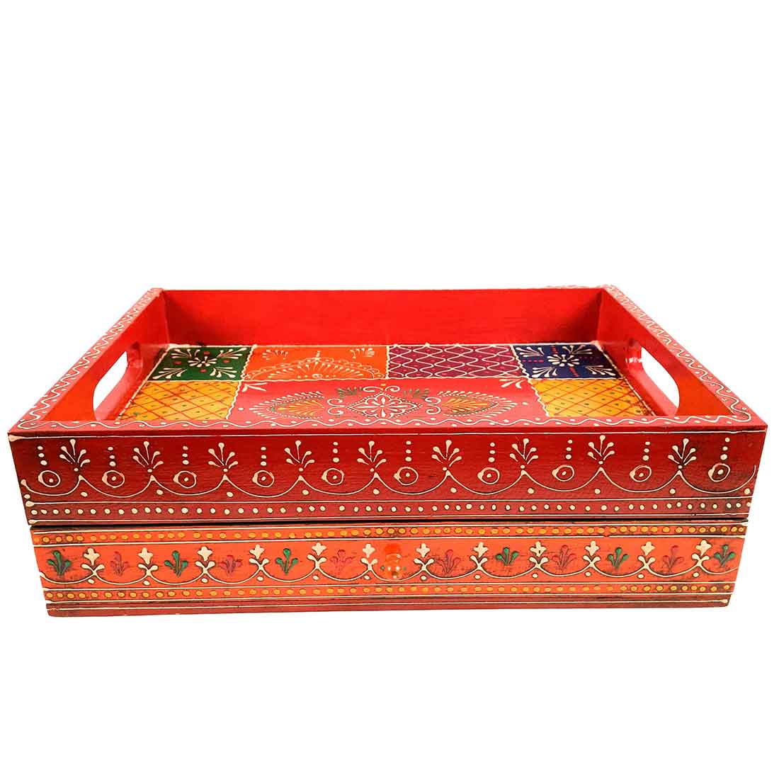 Serving Tray Wooden | Tray With Drawer Storage | Tray Cum Organizer for Keeping Tea/ Sugar/ Coffee Sachet & Cutlery - for Home, Dining Table, Kitchen Decor, Restaurant, Office, Cafe  - 14 Inch