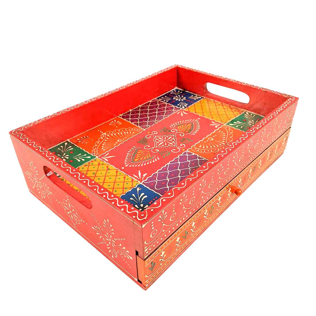 Serving Tray Wooden | Tray With Drawer Storage | Tray Cum Organizer for Keeping Tea/ Sugar/ Coffee Sachet & Cutlery - for Home, Dining Table, Kitchen Decor, Restaurant, Office, Cafe  - 14 Inch