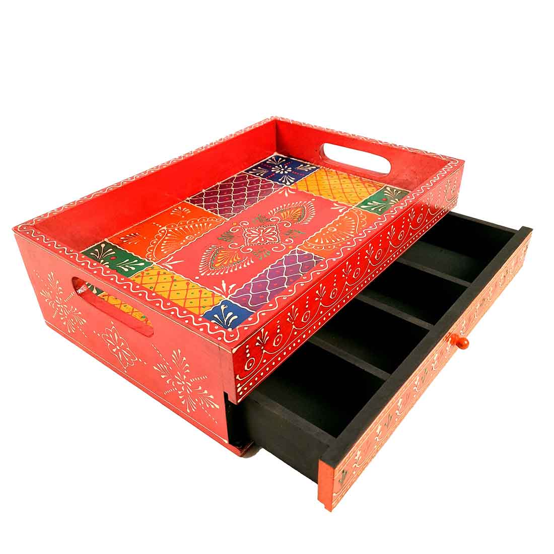 Serving Tray Wooden | Tray With Drawer Storage | Tray Cum Organizer for Keeping Tea/ Sugar/ Coffee Sachet & Cutlery - for Home, Dining Table, Kitchen Decor, Restaurant, Office, Cafe  - 14 Inch