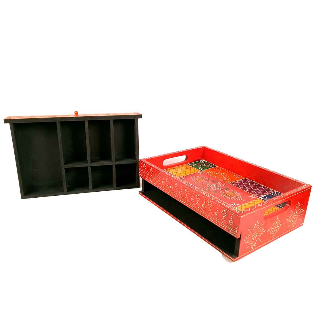 Serving Tray Wooden | Tray With Drawer Storage | Tray Cum Organizer for Keeping Tea/ Sugar/ Coffee Sachet & Cutlery - for Home, Dining Table, Kitchen Decor, Restaurant, Office, Cafe  - 14 Inch