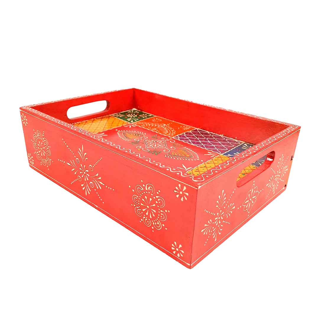 Serving Tray Wooden | Tray With Drawer Storage | Tray Cum Organizer for Keeping Tea/ Sugar/ Coffee Sachet & Cutlery - for Home, Dining Table, Kitchen Decor, Restaurant, Office, Cafe  - 14 Inch