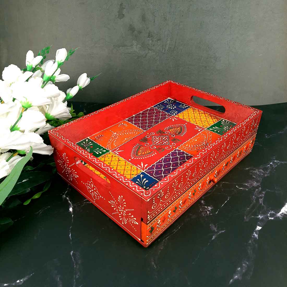 Serving Tray Wooden | Tray With Drawer Storage | Tray Cum Organizer for Keeping Tea/ Sugar/ Coffee Sachet & Cutlery - for Home, Dining Table, Kitchen Decor, Restaurant, Office, Cafe  - 14 Inch