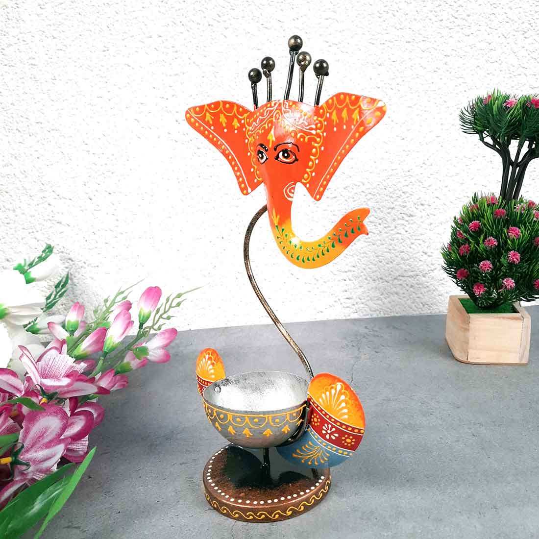 Tea Light Holder Antique | Candle Holders Stand With One Slots | Tea Light Candle Stands - Ganesha Design - For Home, Table, Living Room, Dining room, Bedroom Decor | For Festival Decoration & Gifts - 10 Inch