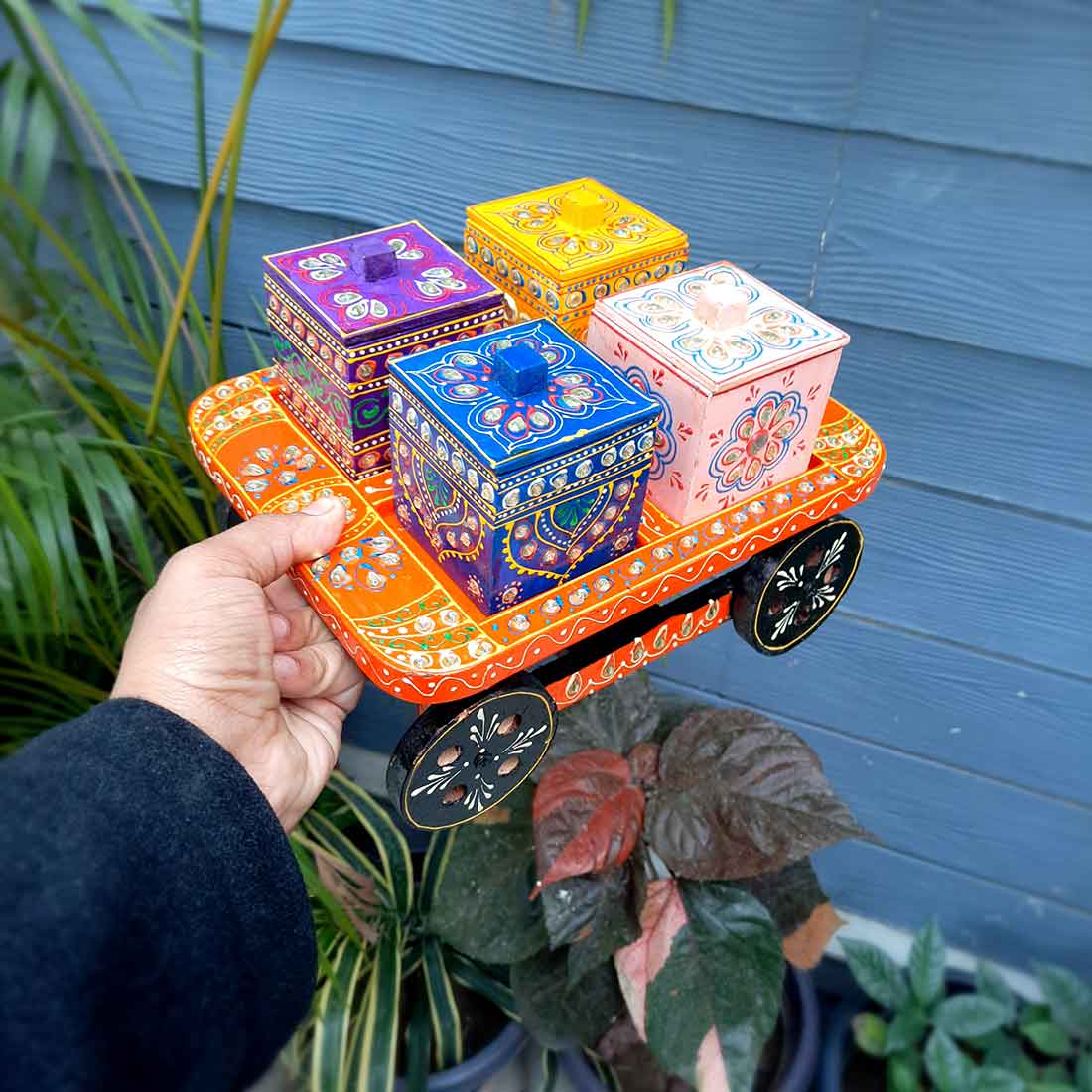 Serving Tray Wooden With Four Boxes & Lid | Multipurpose Decorative Tray & Organizer - For Home, Dining Table, Kitchen , Organization & Gifts | Wedding & Housewarming Gift - 10 Inch