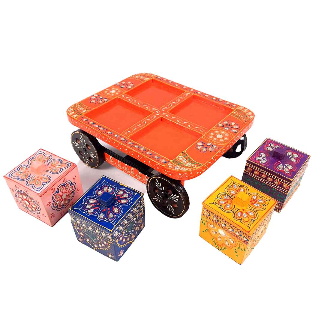 Serving Tray Wooden With Four Boxes & Lid | Multipurpose Decorative Tray & Organizer - For Home, Dining Table, Kitchen , Organization & Gifts | Wedding & Housewarming Gift - 10 Inch