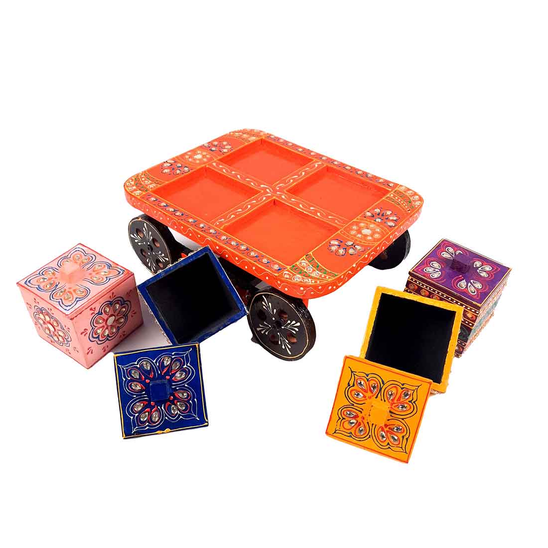 Serving Tray Wooden With Four Boxes & Lid | Multipurpose Decorative Tray & Organizer - For Home, Dining Table, Kitchen , Organization & Gifts | Wedding & Housewarming Gift - 10 Inch