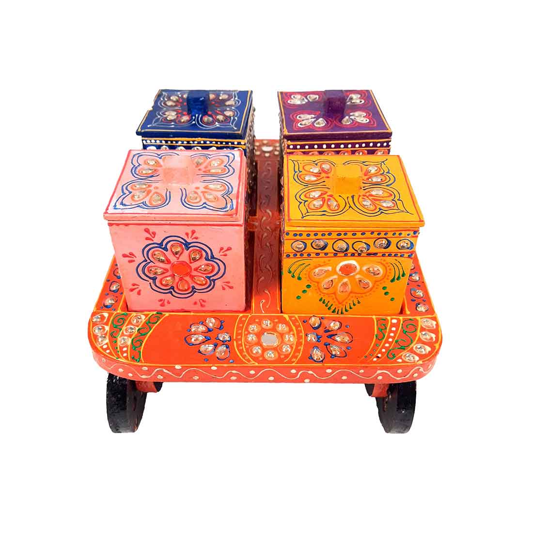 Serving Tray Wooden With Four Boxes & Lid | Multipurpose Decorative Tray & Organizer - For Home, Dining Table, Kitchen , Organization & Gifts | Wedding & Housewarming Gift - 10 Inch