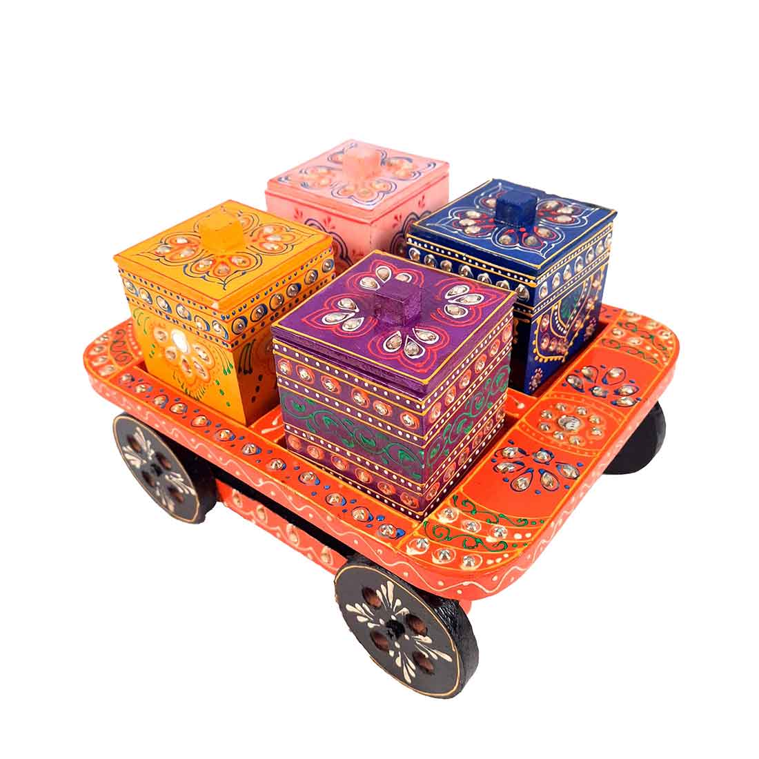 Serving Tray Wooden With Four Boxes & Lid | Multipurpose Decorative Tray & Organizer - For Home, Dining Table, Kitchen , Organization & Gifts | Wedding & Housewarming Gift - 10 Inch