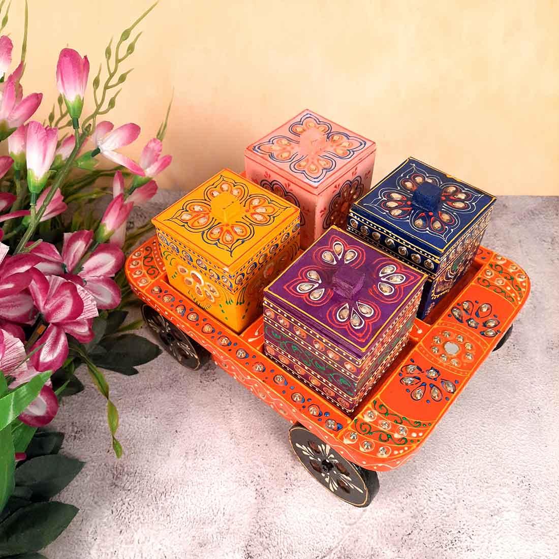 Serving Tray Wooden With Four Boxes & Lid | Multipurpose Decorative Tray & Organizer - For Home, Dining Table, Kitchen , Organization & Gifts | Wedding & Housewarming Gift - 10 Inch