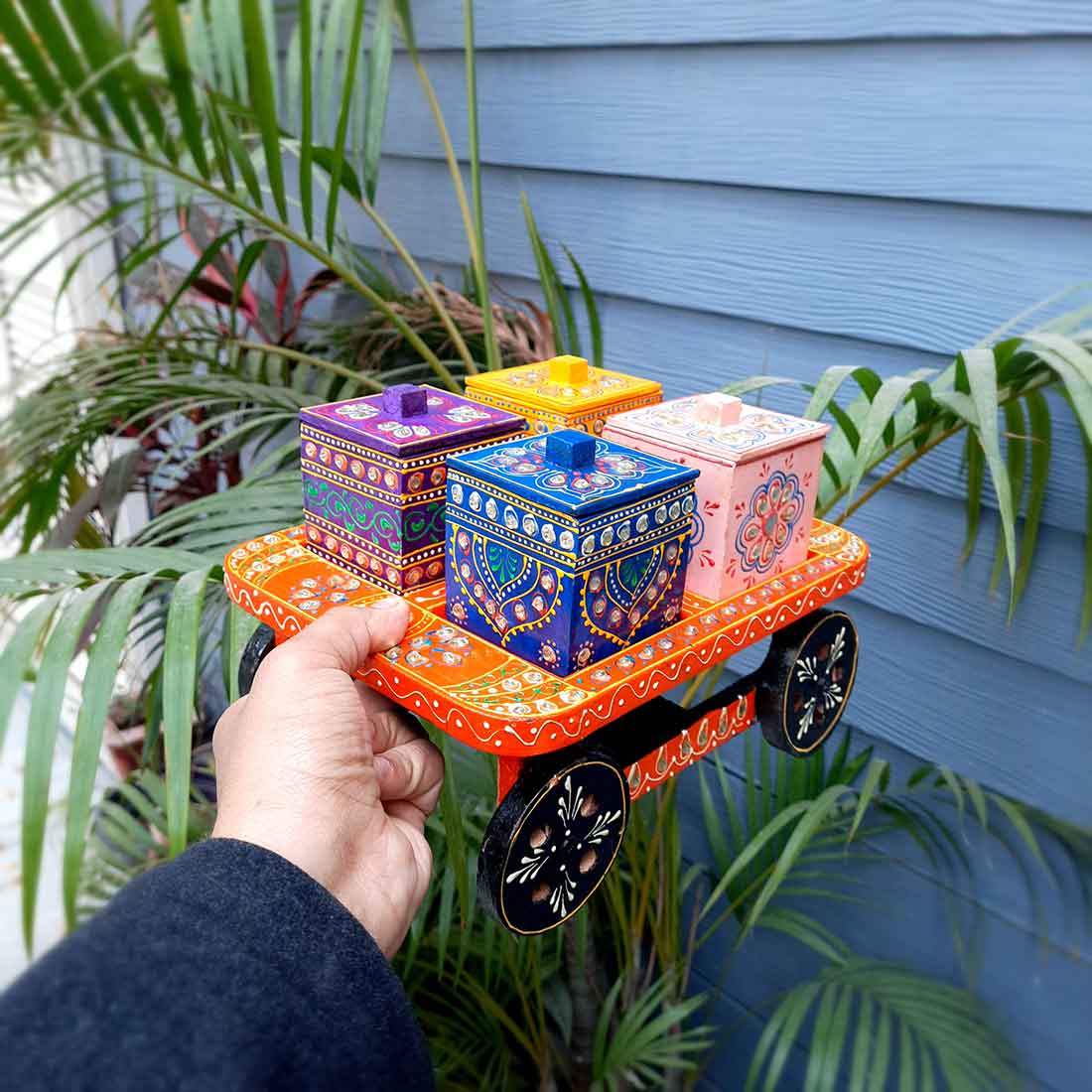 Serving Tray Wooden With Four Boxes & Lid | Multipurpose Decorative Tray & Organizer - For Home, Dining Table, Kitchen , Organization & Gifts | Wedding & Housewarming Gift - 10 Inch