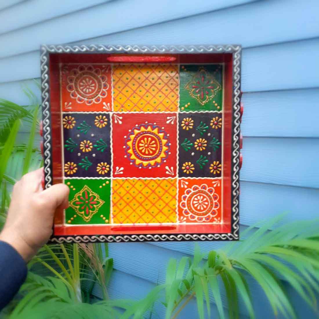 Wooden Tray | Serving Trays For Tea, Coffee & Snacks | Square Multipurpose Decorative Tray & Platters - For Home, Dining Table Organization, Kitchen & Gifts Set of 2 (8 & 10 Inch)