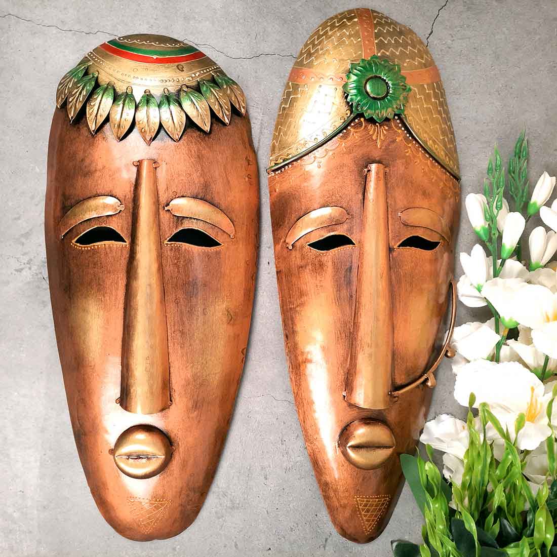 Tribal Face Wall Masks Hanging | Village Man & Woman Faces Hangings - for Home Entrance, Living Room, Door Decor, Hall-Way, Balcony Decoration & Gift - 21 Inch - Apkamart