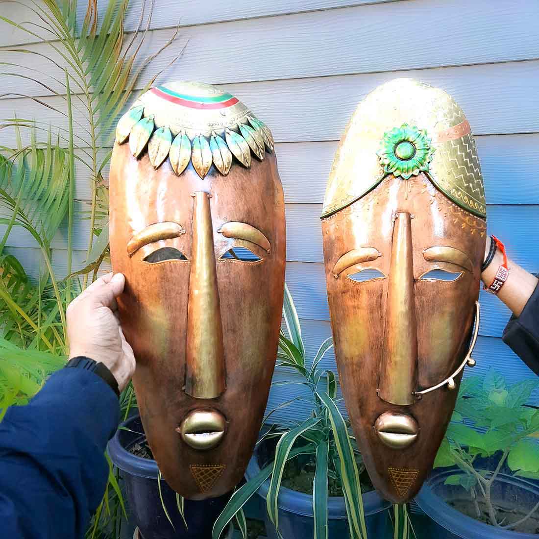 Tribal Face Wall Masks Hanging | Village Man & Woman Faces Hangings - for Home Entrance, Living Room, Door Decor, Hall-Way, Balcony Decoration & Gift - 21 Inch - Apkamart