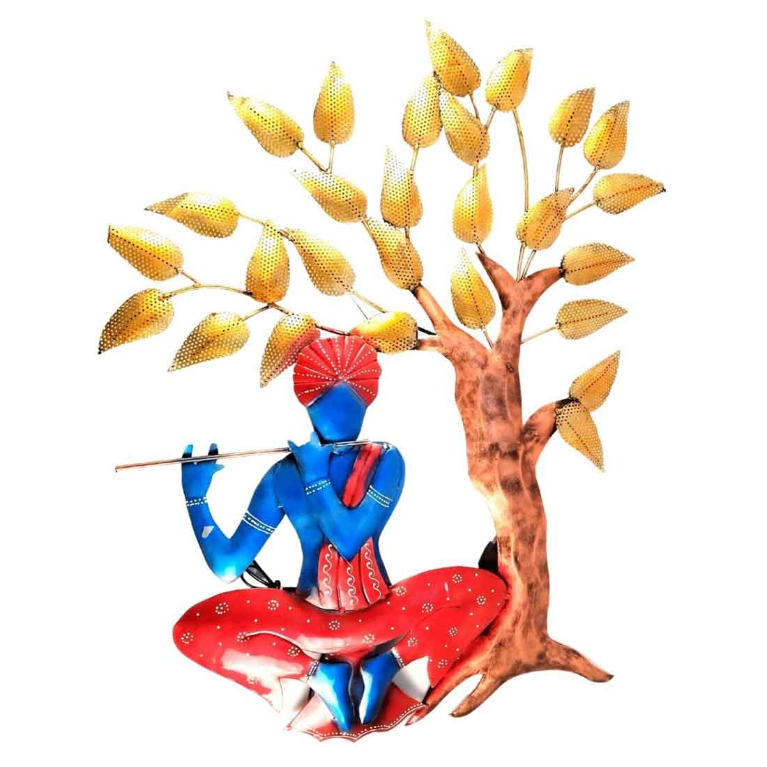 Wall Decor for Living Room | Metal Wall Art Krishna Sitting Under Tree - 31 Inch - ApkaMart