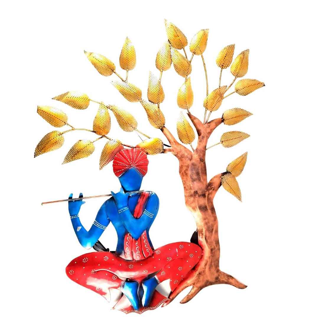 Wall Decor for Living Room | Metal Wall Art Krishna Sitting Under Tree - 31 Inch - ApkaMart
