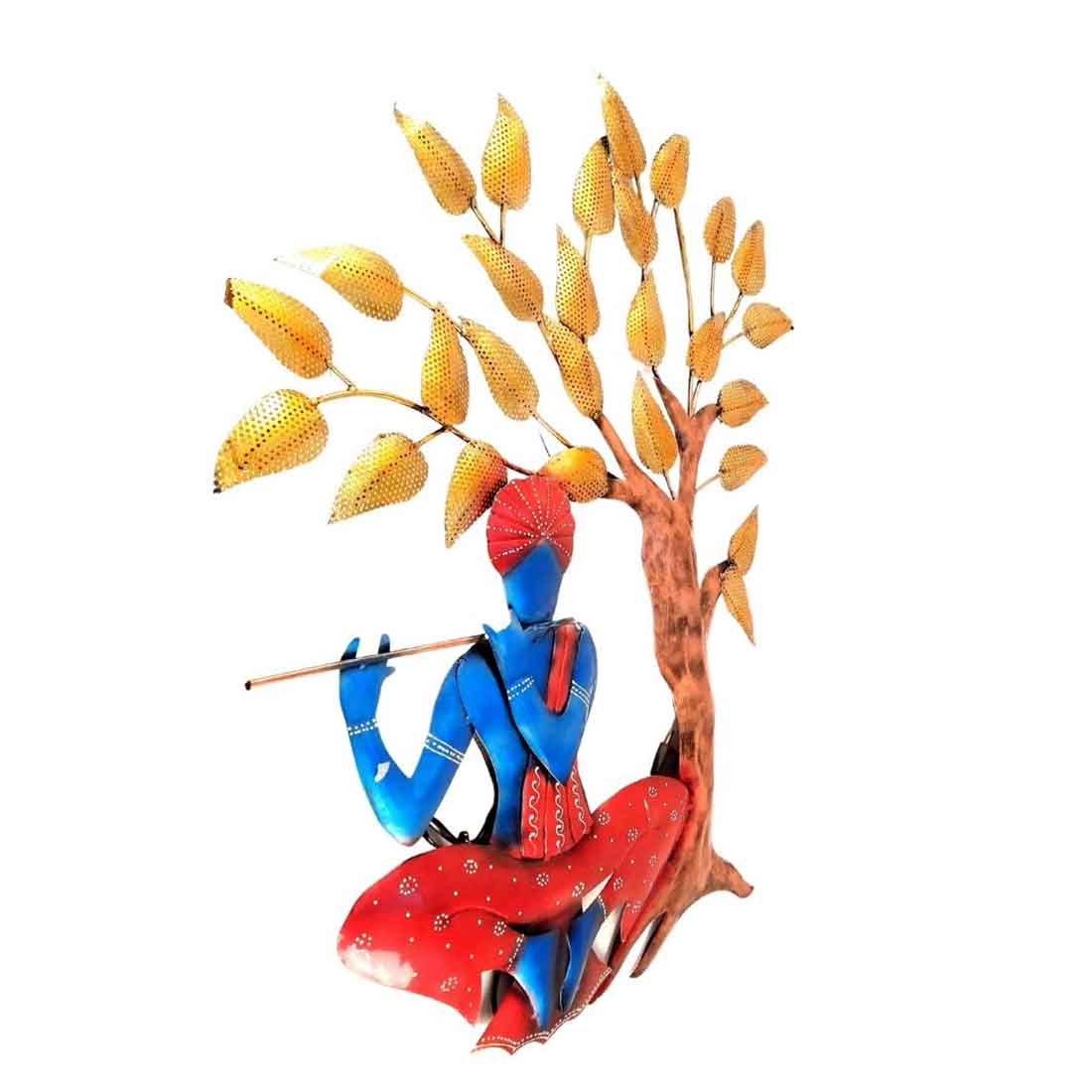 Wall Decor for Living Room | Metal Wall Art Krishna Sitting Under Tree - 31 Inch - ApkaMart