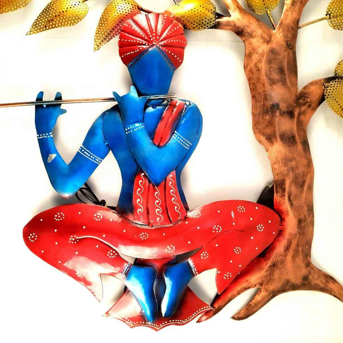 Wall Decor for Living Room | Metal Wall Art Krishna Sitting Under Tree - 31 Inch - ApkaMart